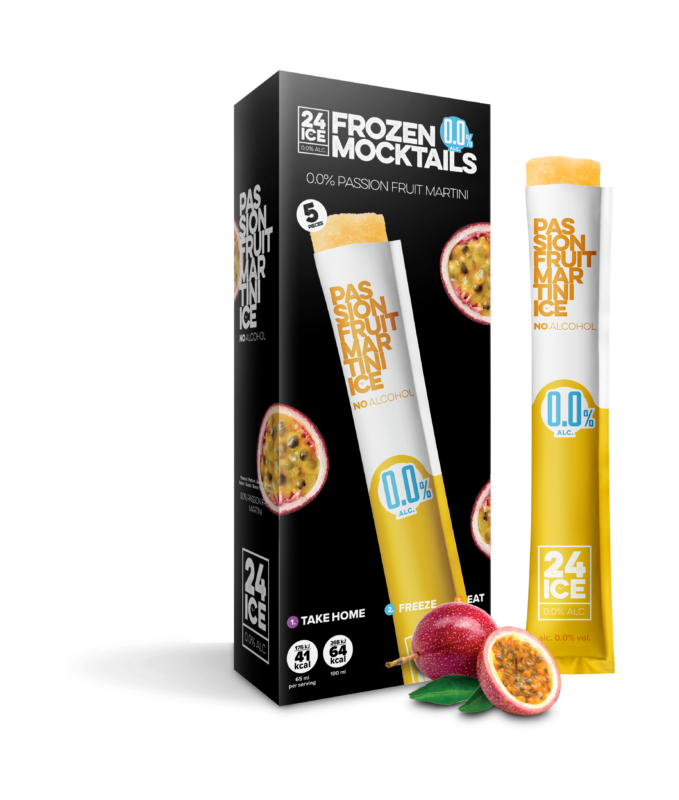 Pakki með fimm óáfengum Passion Fruit Martini-ísnálum frá 24 ICE