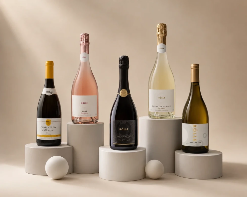Fimm flöskur af óáfengum vínum frá BOLLE á ljósum stöllum: Chardonnay Reserve, Sparkling Rosé, Grand Reserve, Blanc de Blancs og Still Chardonnay